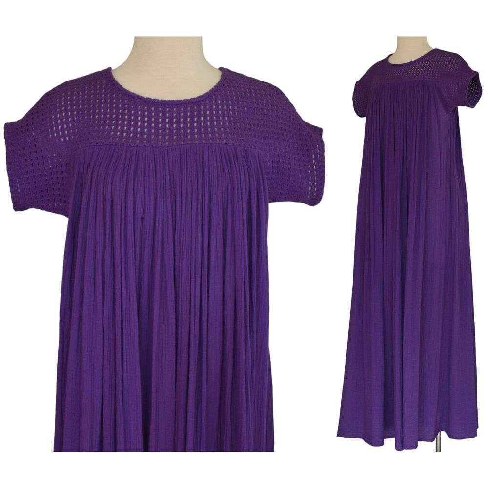 Vintage 70s Cotton Gauze Purple Maxi Dress Kaftan, I Magnin, Crochet Yoke, S M